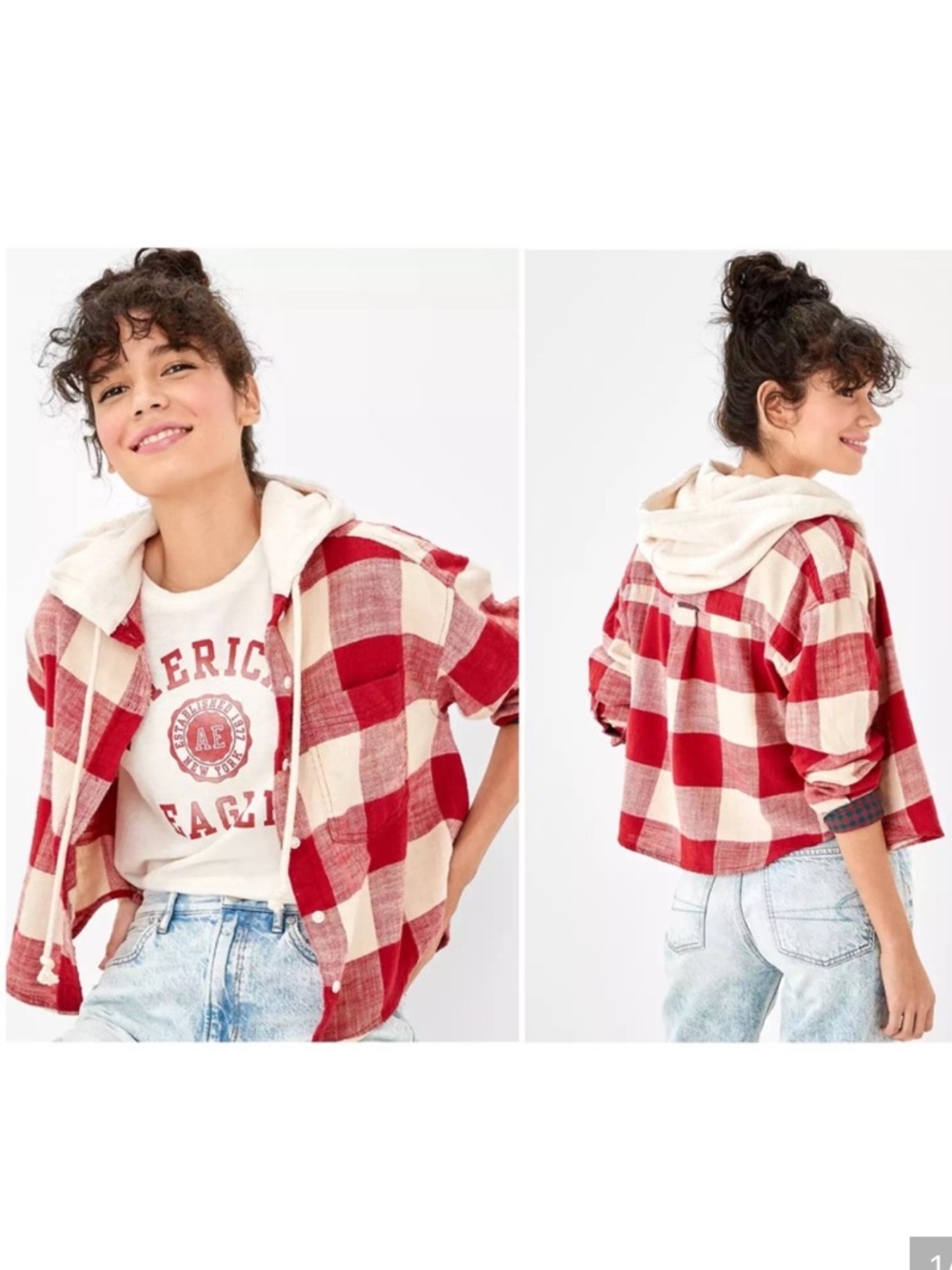 GUC AE American Eagle Cozy Cabin Plaid Cropped Button Flannel Hoodie Medium